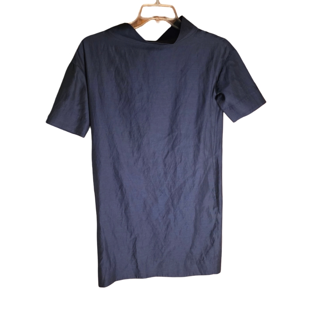 COS Navy Structured Cotton Shift Dress • Size 2 • Minimalist Mock Neck